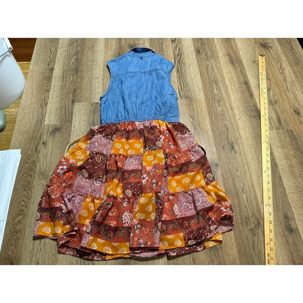 Knit Works Mixed Media Dress Girls M Blue Orange Sleeveless Tiered Excellent